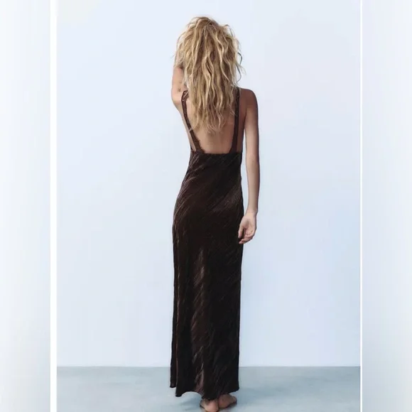 Zara Brown Velvet Lace-Trim Slip Dress - Picture 2 of 12